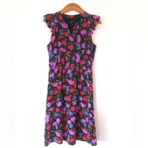 J. CREW 100% Silk Floral Midi Dress w Ruffle Sleeves - Red, Purple, Black